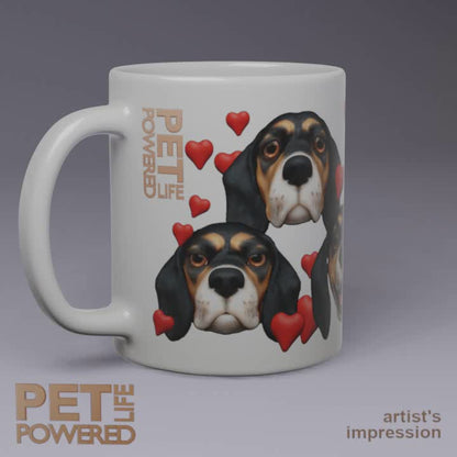 Glossy Beagle Mug, Black Tan and White with Black mask, Hearts