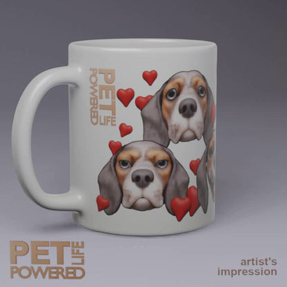 Glossy Beagle Mug, Blue, White and Tan with broad White stripe, Hearts