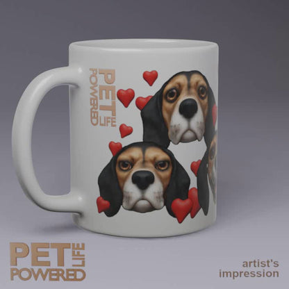 Glossy Beagle Mug, Black, Tan and White, Hearts